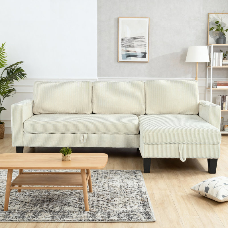 Reversible Corduroy Sectional Sofa with Storage Chaise, USB Ports, Arm Storage & Cup Holders, Beige Corduroy