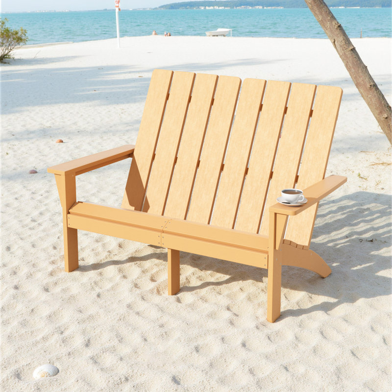 Modern All-Weather Adirondack Outdoor Loveseat For Patio, Garden, Deck, Porch, Or Backyard Seating, Tan