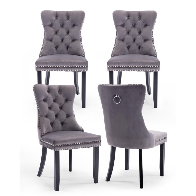Dining Chairs, Upholstered High-end Tufted Dining Room Chair with Nailhead Back Ring, Black, Gray Velvet , 4
