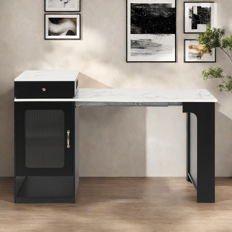 Îlot de cuisine 59,5 po avec table de salle à manger extensible et rangement double-face, Noir