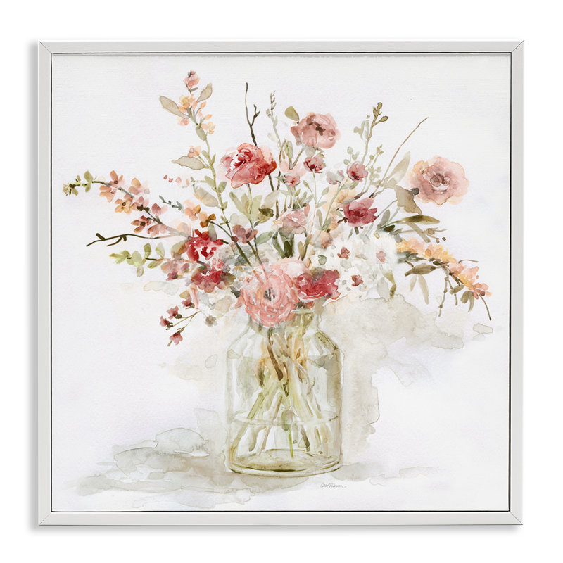 Fleurs printanières dans un vase en verre, estampe numérique, design par Carol Robinson, Encadrement giclée blanc côtier