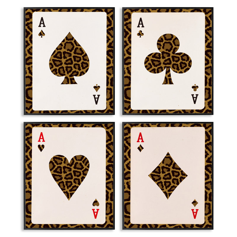 "Leopard" Ace Card, ensemble de 4 impressions sur toile encadrées, dessin par Lil 'Rue, H 14 po x l 44 po