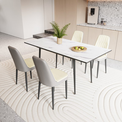 Modern Dining Table Set with Extendable Table and PU Dining Chairs