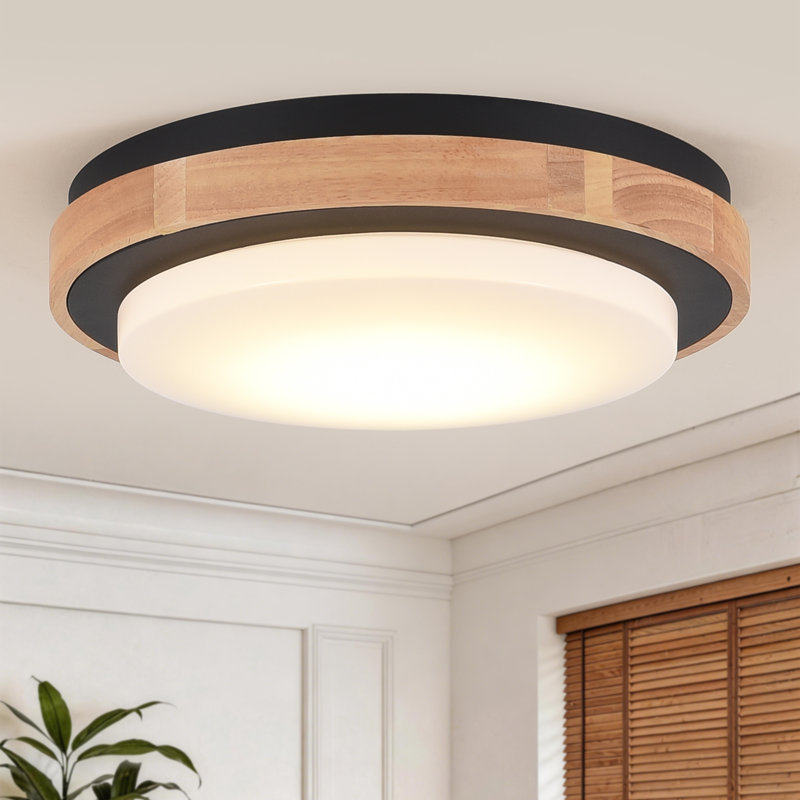 Modern Drum Design Circle Wood LED Flush Mount Ceiling Light Fixture For Kitchen, Bedroom, Foyer, Hallway, Laundry Room