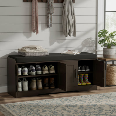 Banc d'entrée brun, grand banc de rangement pour chaussures, quatre portes, siège rembourré épais, tablette réglable