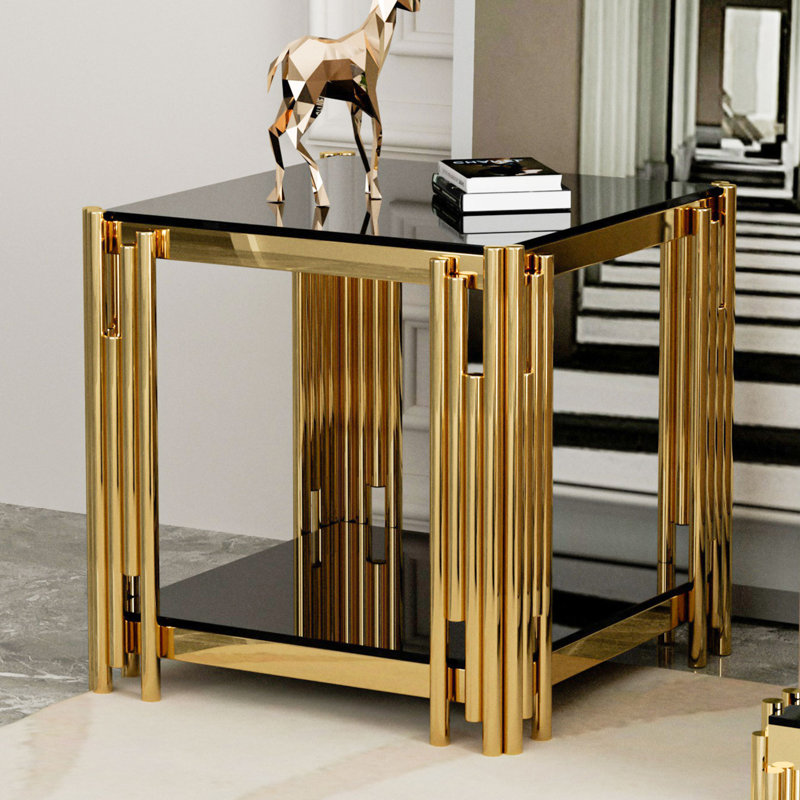 Ensemble de table de salon 2 pièces, table basse et table de bout en verre, Black, Black/Gold
