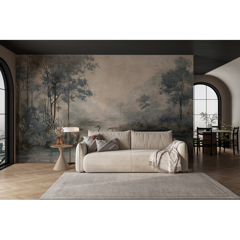 Murale forêt brumeuse | Papier peint adhésif rétro nature | Décoration murale de salon amovible, L 90 po x H 60 po