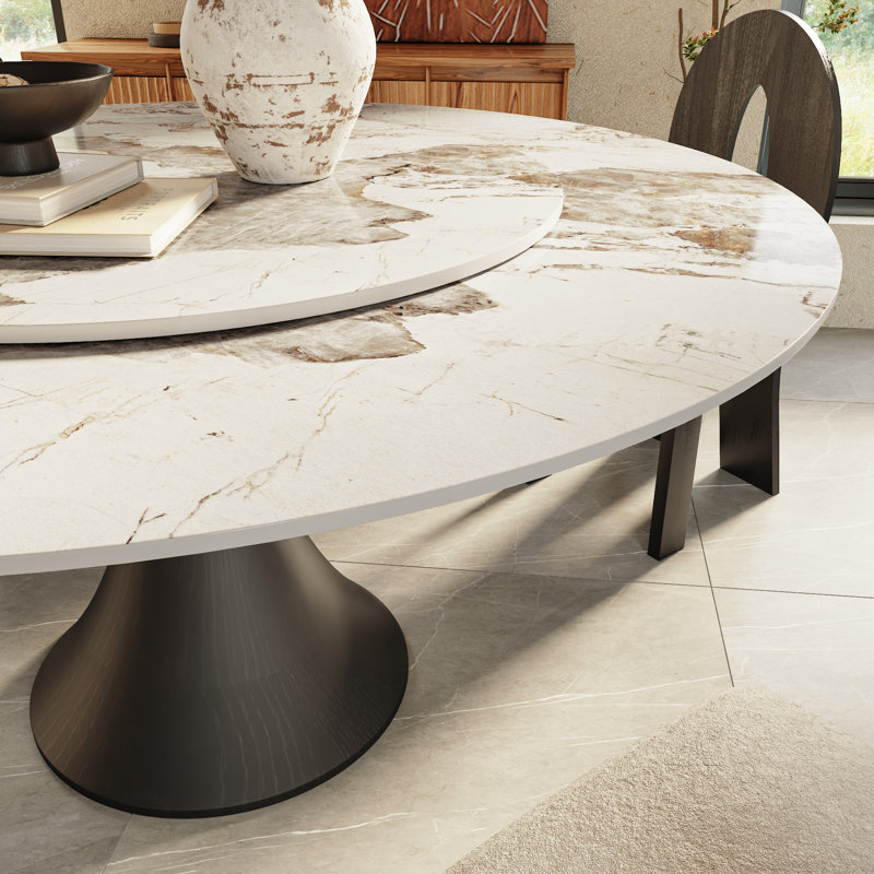 Table de salle à manger ronde à piédestal moderne avec plateau tournant et table de pierre durable Jacquetta, Blanc / Brun