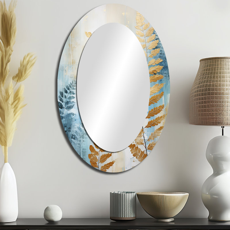 Fougère bleue et dorée Symphony V - grand miroir mural ovale sur métal, 36 po x 24 po