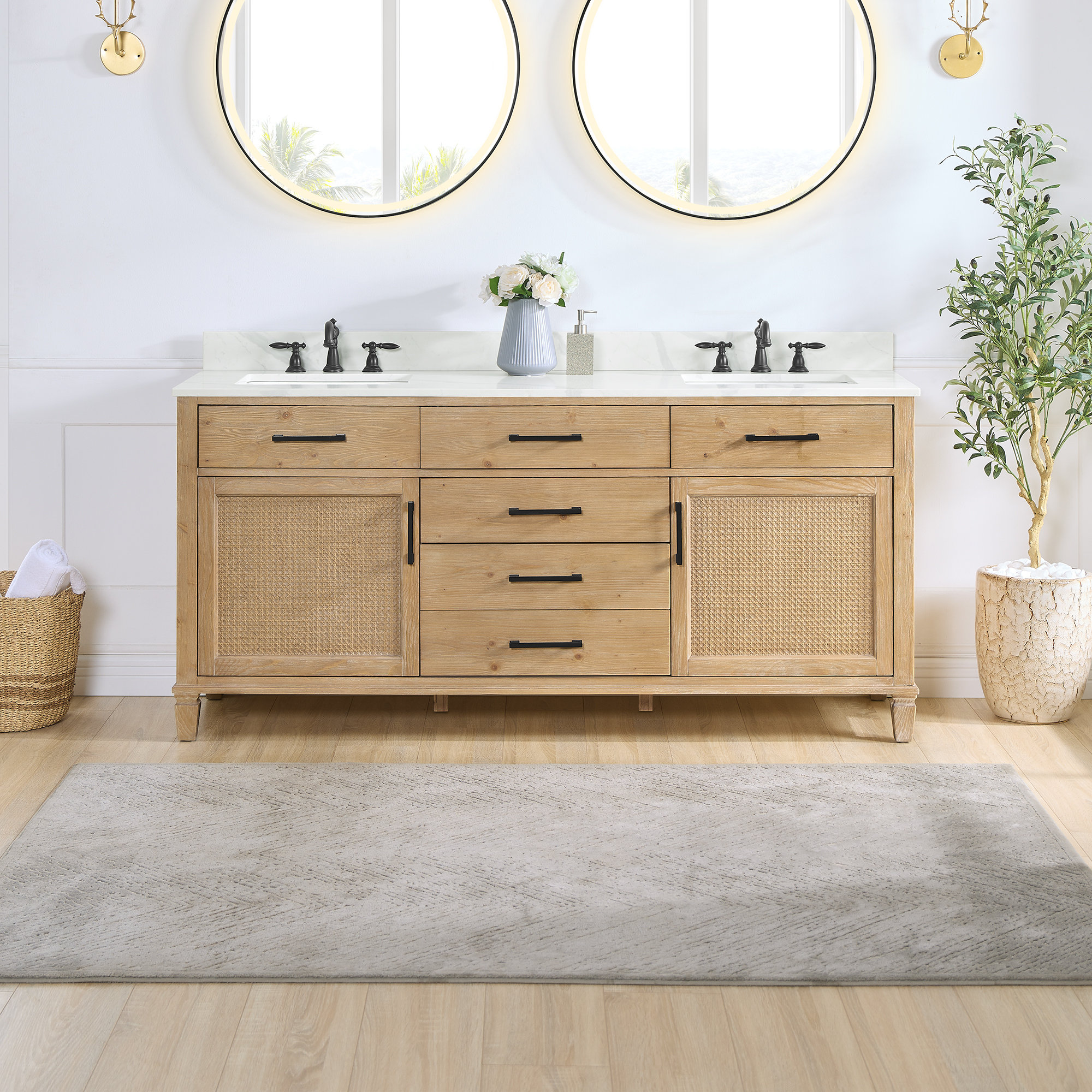 Farmhouse 72 in Double Sink Bathroom Vanity in Grey with Calacatta Gold  Quartz Countertop