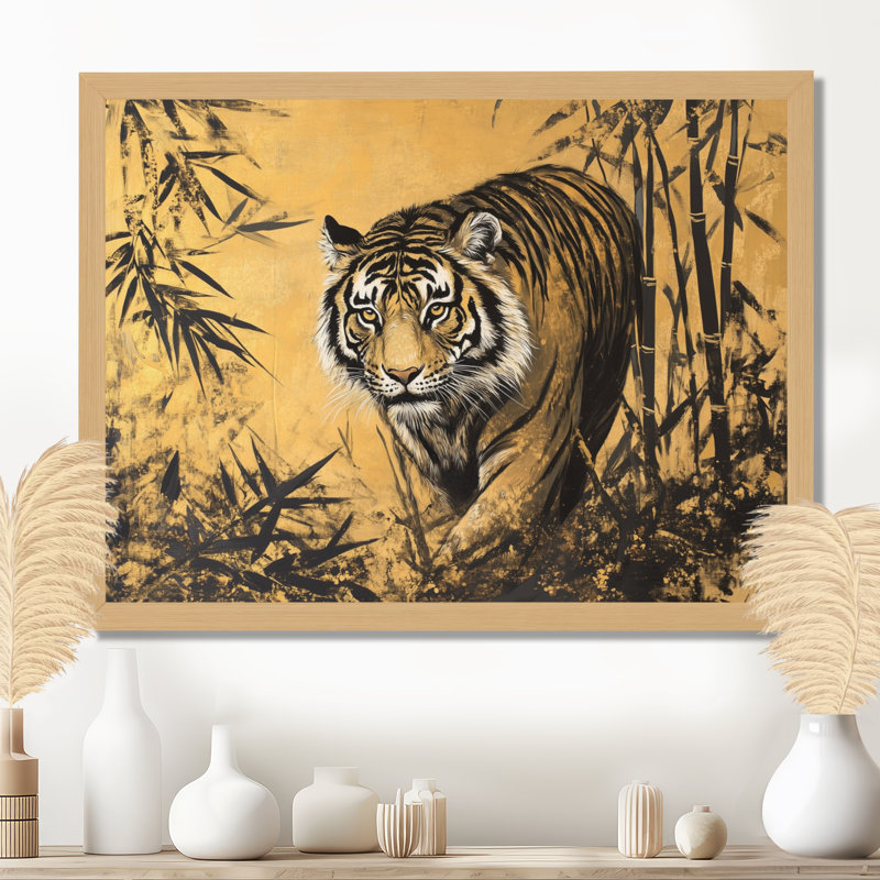 Tigre parmi les bambous III - Tableau encadré d'inspiration asiatique, H 12 po x l 20 po, Natural Picture Framed