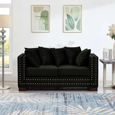 Velours noir au design contemporain, accoudoirs carrés et clous argentés, coussin à ressorts haute élasticité, housses lavables et rangées, style moderne, accoudoirs, assise confortable garnie, housses amovibles, siège