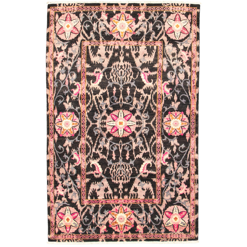 Tapis oriental en laine noué à la main noir, Rectangulaire 5 pi 10 po x 9 pi