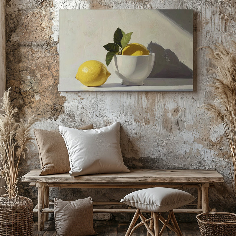 «Minimal Lemon Still Life Canvassoft Yellow Fruit with White Bowl» sur toile d'art neutre, H 20 po x l 30 po
