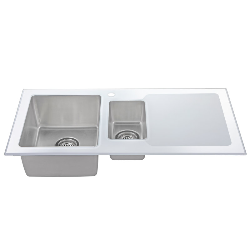 Ebern Designs Marquay 500mm W Double Bowl Stainless Steel Drop-In Kitchen Sink with 1 Faucet Hole, White