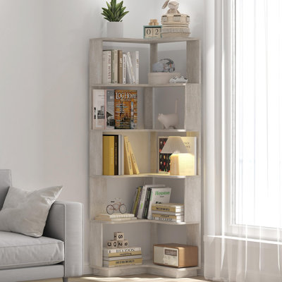 6 Tier Freestanding L-Shaped Corner Bookshelf For Living Room, Bedroom, Wood Bookcase With Anti-Drop Panle And Anti Tipping Device, Display Shelf Open Storage Rack Organizer For Home Office Light Gray