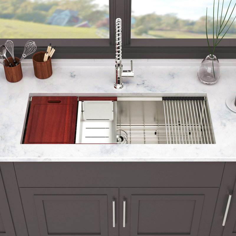 Évier de cuisine 45 po x 19 po à cuve simple encastrable en acier inoxydable calibre 16