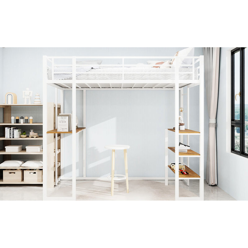 Lit simple en fer blanc, bureau en L, escalier, chambre à coucher, conception peu encombrante, lit simple en fer facile à assembler avec table et rampe intégrées, fonctionnel pour structure stable, double
