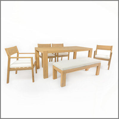 Ensemble de table de salle à manger pour 6 personnes, ensemble de mobilier d'extérieur avec trou pour parasol, table rectangulaire de 71 po, chaises et banc avec coussins amovibles pour la cour, le jardin, le bord de la piscine (teck clair + coussin beige)