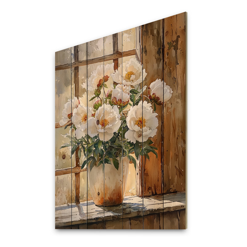 Pivoines et porte de ferme - Décoration murale en bois de pivoines - sur bois de pin naturel, H 20 po x l 10 po x P 0,78 po