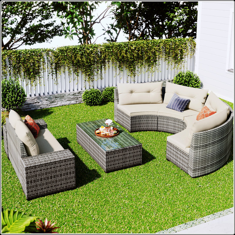 8-pieces Outdoor Wicker Round Sofa Set, Half-Moon Sectional Sets All Weather, Beige, Beige