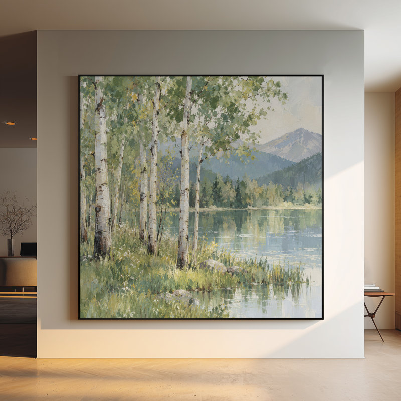 Impression sur tissu grand format - Bouleaux verts au bord d'un lac de montagne paisible pour salon ou chambre - « Assemblage du cadre requis (cadre inachevé) »