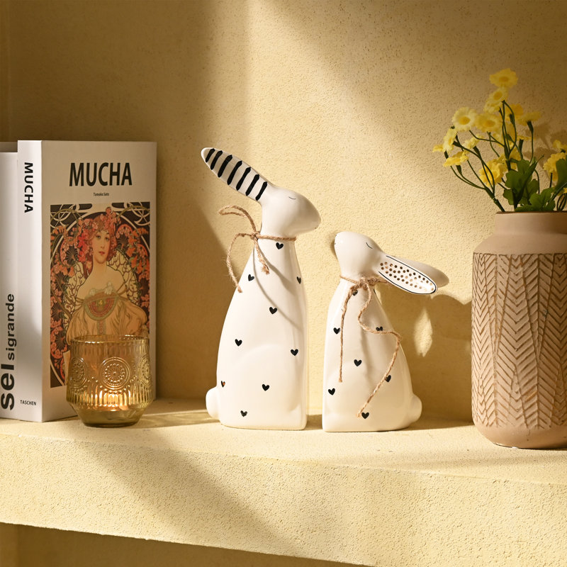  Décorations de lapin de Pâques pour la maison, figurine de statue de lapin blanc en céramique 2 pièces, plateau de table de cadeau de Pâques pour les centres de table de jardin intérieur et extérieur