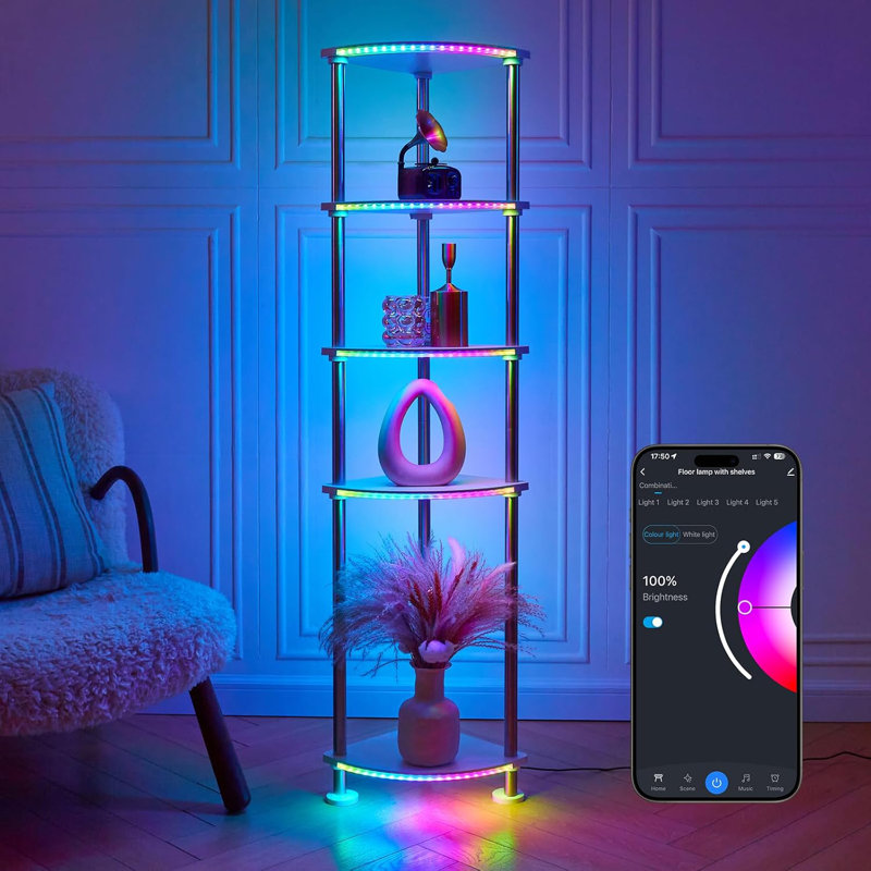 Adjustable Height LED Floor Lamp With Shelves, Music Sync RGB Lighting, Wireless Charging, Dimmable & Timer Function, App & Alexa Control, Perfect For Home & Office Decor