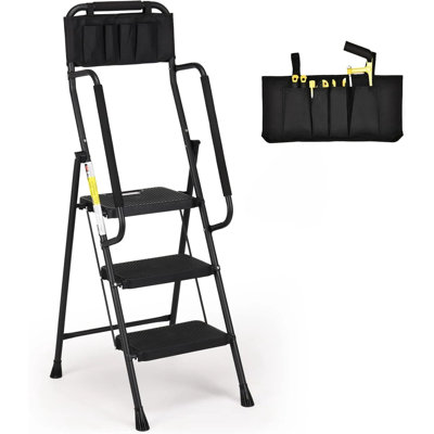 Échelle à 3 marches avec mains courantes, escabeau pliant avec sac à outils amovible et pédale large antidérapante pour le bureau de la cuisine à domicile, capacité de 500 lb, noir