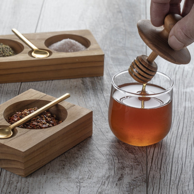Pot à miel en teck et verre