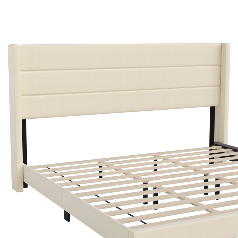 Upholstered Platform Bed with Wingback Headboard, Mattress Foundation with Slatted Supports, Beige, King