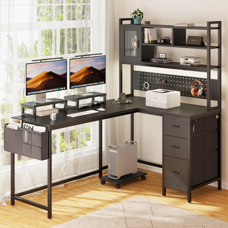 Large L-Shaped Metal Base Computer Desk With Power Outlet, Bookshelf, File Drawers,  62.99" W X 43.3" D X 61" H, Black