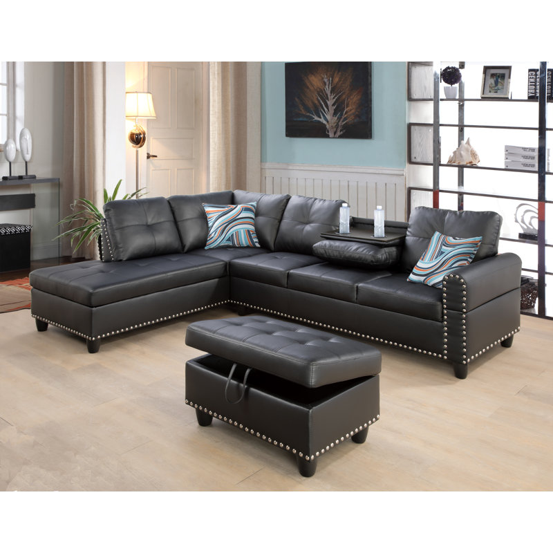  Canapé modulaire en similicuir 3 pièces avec repose-pieds Adebisi, Similicuir noir, Accoudoir à gauche (vu de face)
