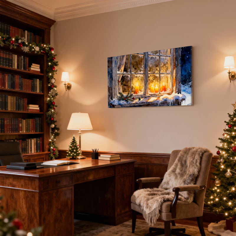 Ensemble de 3 impressions sur toile de Noël, fenêtre d'hiver avec bougies et neige, H 20 po x l 30 po