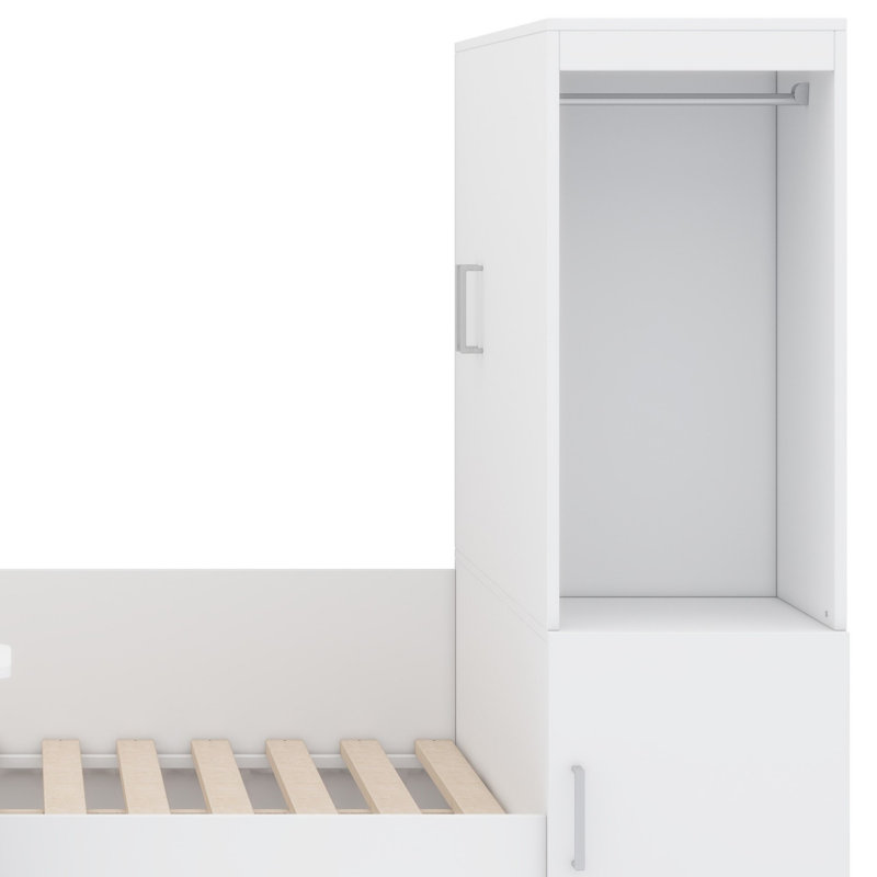 Lit plateforme en bois avec tiroirs, tablettes, bureau et garde-robe, Blanc