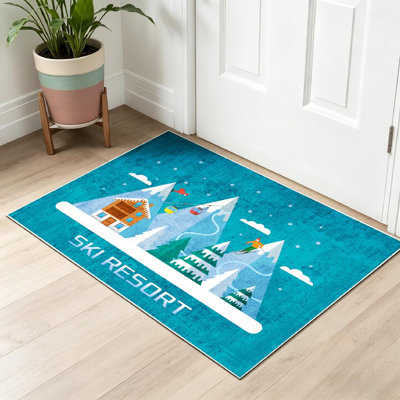 Green Machine Washable,Ski Season in The Winter Alps The Indoor Area Rug