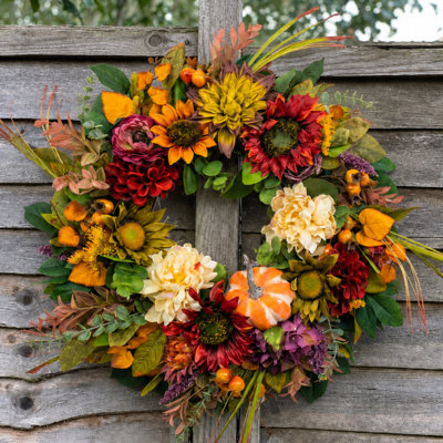 24" Autumn Wreath with Pumpkins & Florals Fall Front Door Decor Thanksgiving Day