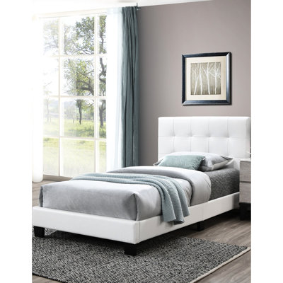 Modern White Twin Bed Frame, Faux Leather Upholstery, Rectangle Headboard, Middle Support Legs, Bedroom Arranging Blueprint Bed, No Foundation, Furnishings Plan