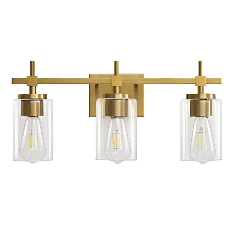 Miroir de salle de bain à 3 lumières de luxe moderne à intensité variable avec abat-jour, Doré