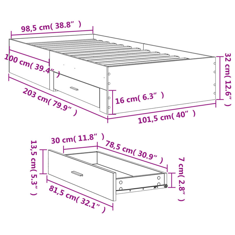 Vidaxl Bed Frame With Drawers Engineered Wood, Smoked Oak, 100 x 200cm
