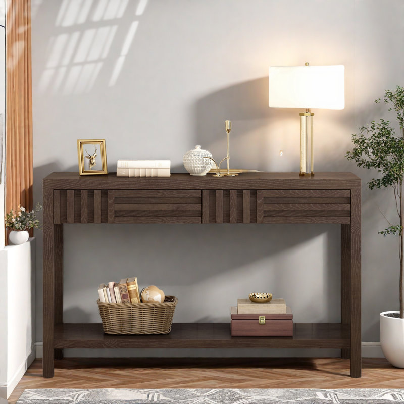 Modern Console Table With Striped Design, 2 Drawers And 2-tier Design, Brown