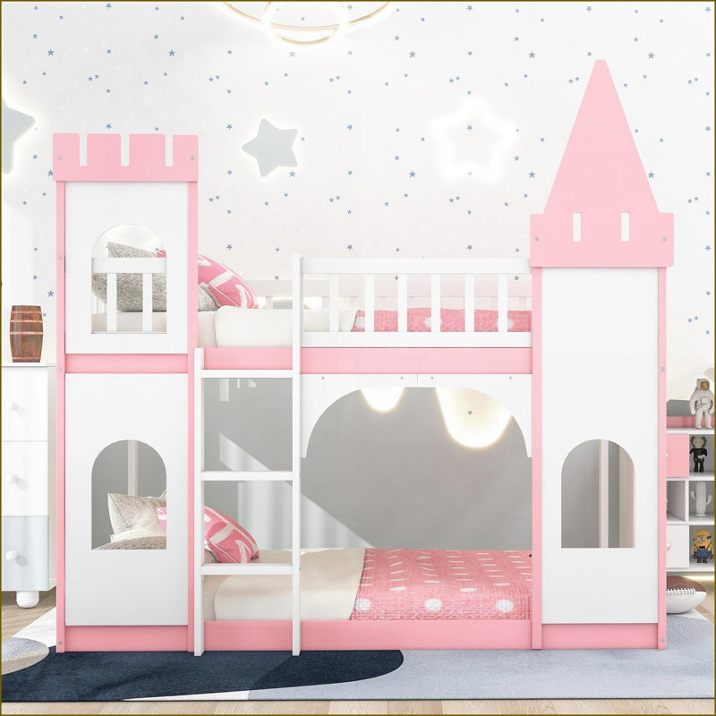 Lit simple superposé simple en pin massif avec échelle - rose, espace de jeu polyvalent