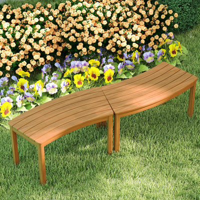 Outdoor Curved Acacia Wood Bench Set of 2 Patio Garden Backless Fire Pit Bench by Winston Porter