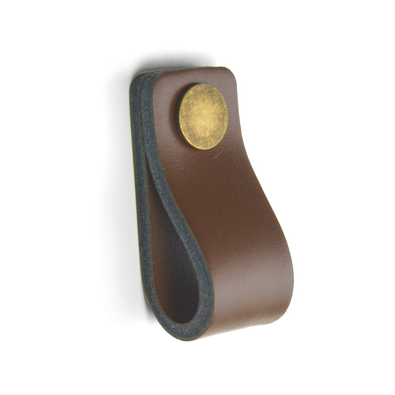 Brown Leather Modern Finger Cabinet Pull with Chrome Mounting