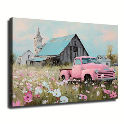 Vintage Pink Pickup Truck In Wildflower Farm Countryside, Large Gallery Wrapped Canvas Wall Art Print For Living Room Bedroom