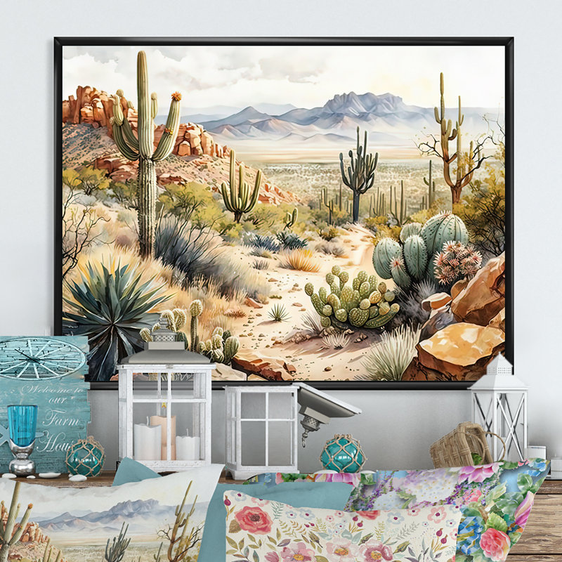 Arizona Desert Cactus I - art mural occidental, H 30 po x l 40 po x P 1,5 po, Toile avec cadre flottant noir
