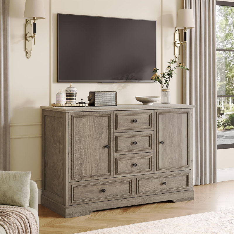 Buffet 47 po avec 5 tiroirs et 2 portes, crédence de style ferme moderne pour cuisine, salle à manger et salon, Gray