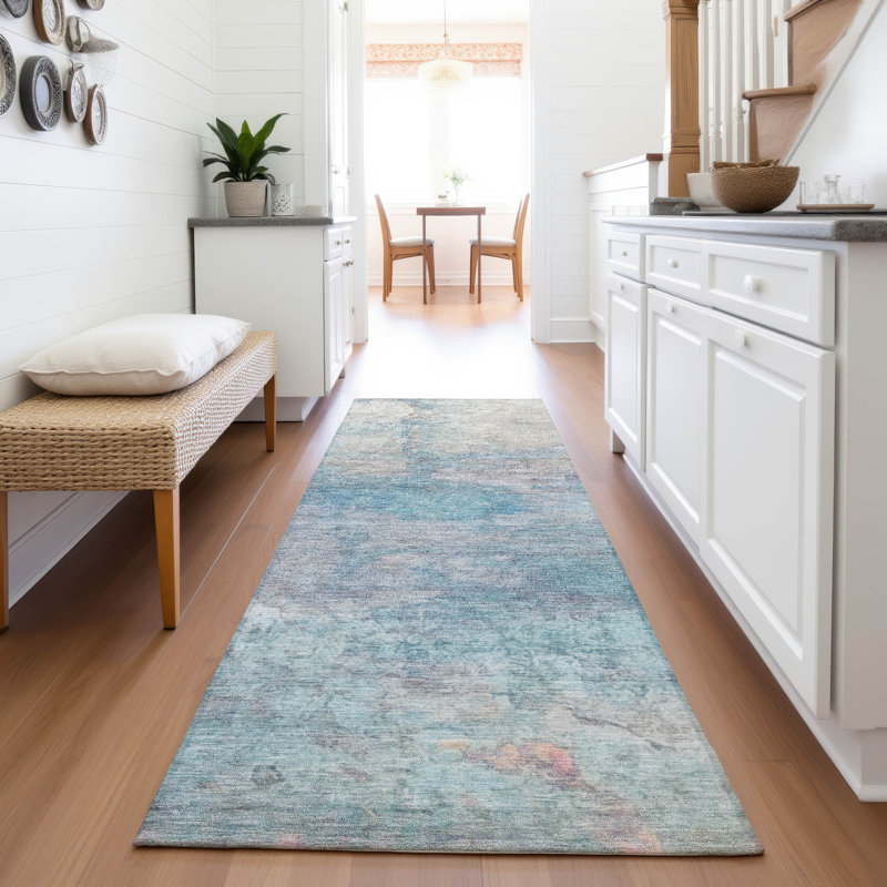 Tapis turquoise Xhevrie intérieur / extérieur lavable à la machine, Tapis de couloir 2 pi 3 po x 7 pi 6 po