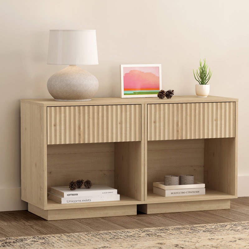 Wooden Nightstand With 1 Drawer & Open Cubby - Compact Bedside Storage, Set of 2, Light Oak