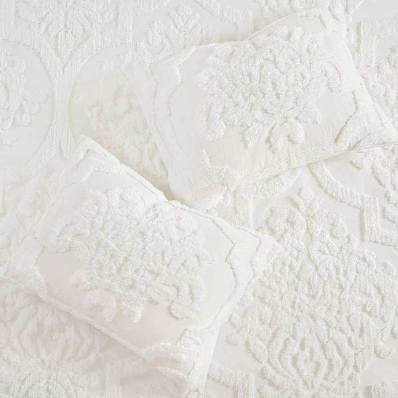 Literie en chenille de coton très grand / très grand, 3 pièces, blanc, 2 taies décoratives, fermeture à boutons, attaches de coin, lavable à la machine, housse de couette blanche de style Tranquille, très attrayant